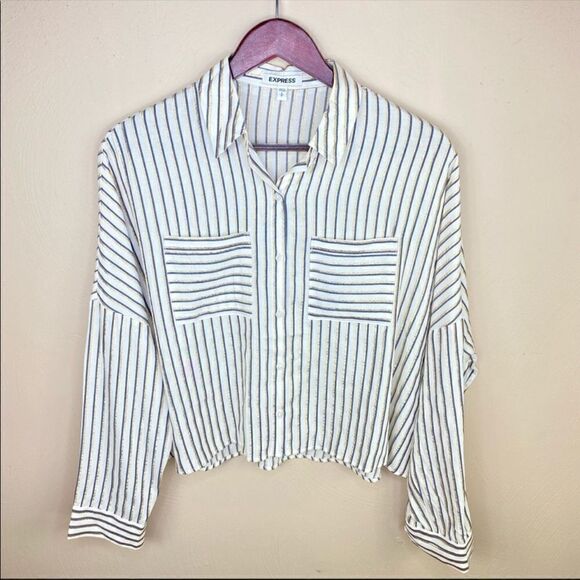 Express The Boxy Shirt Striped Button Front Shirt Blue White Gold Small - Picture 10 of 12